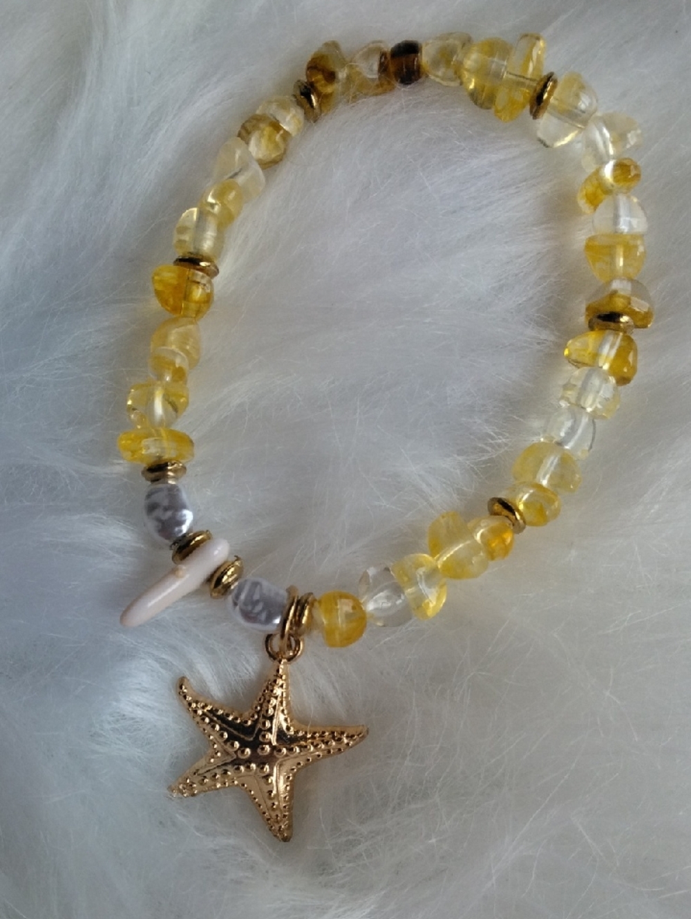 Faux Stone Gold Starfish Charm Yellow Bead Stretch Bracelet - Unbranded